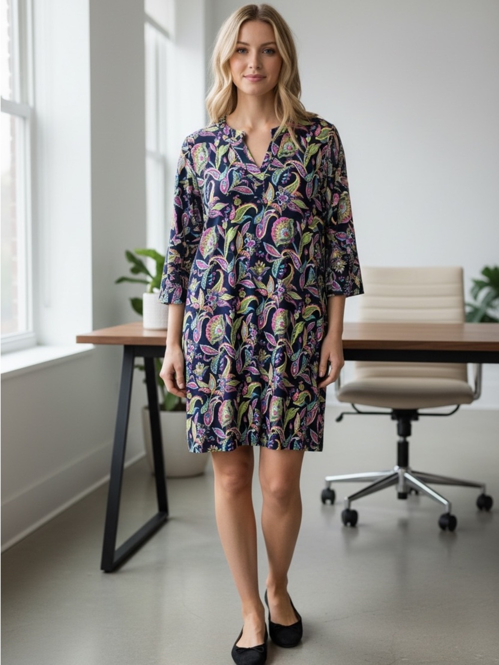 Dear Scarlett Floral Navy Paisley Midi Dress with pink, green, & blue accents